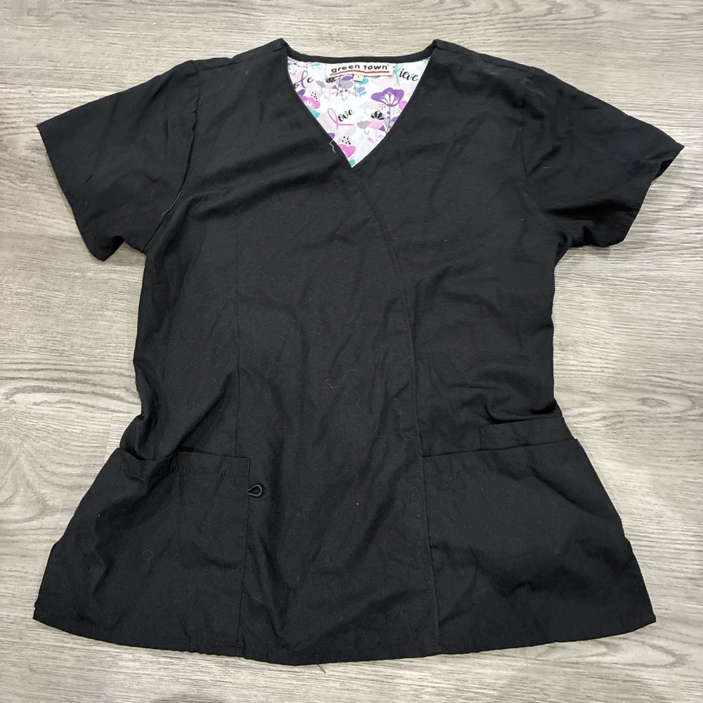 Green Town Black Floral Inside Medical Scrub Top | Size S